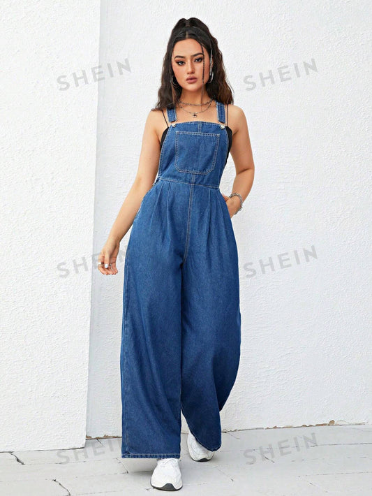 SHEIN EZwear Petos mezclilla con bolsillo oblicuo de pierna ancha sin top tubo