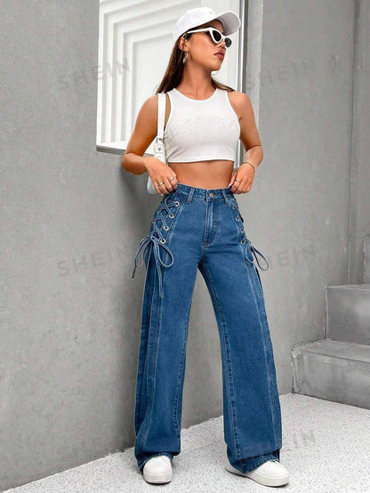 SHEIN EZwear Jeans de talle alto con cordón lateral