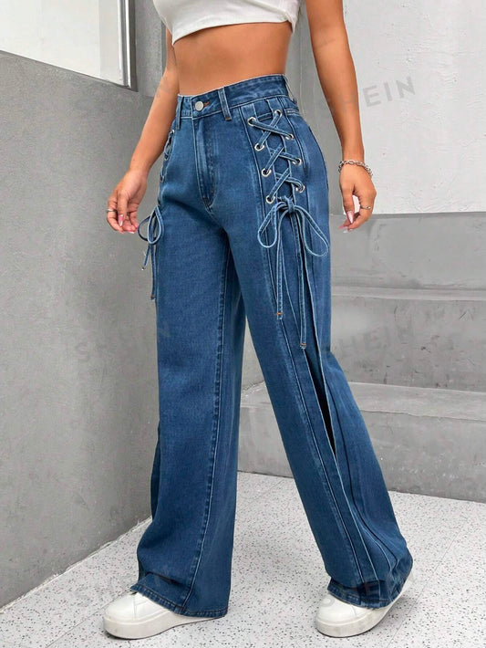 SHEIN EZwear Jeans de talle alto con cordón lateral