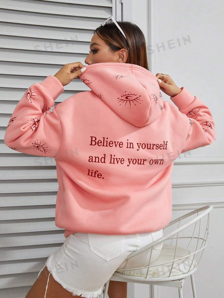 SHEIN EZwear Capucha con estampado de slogan de hombros caídos con forro térmico