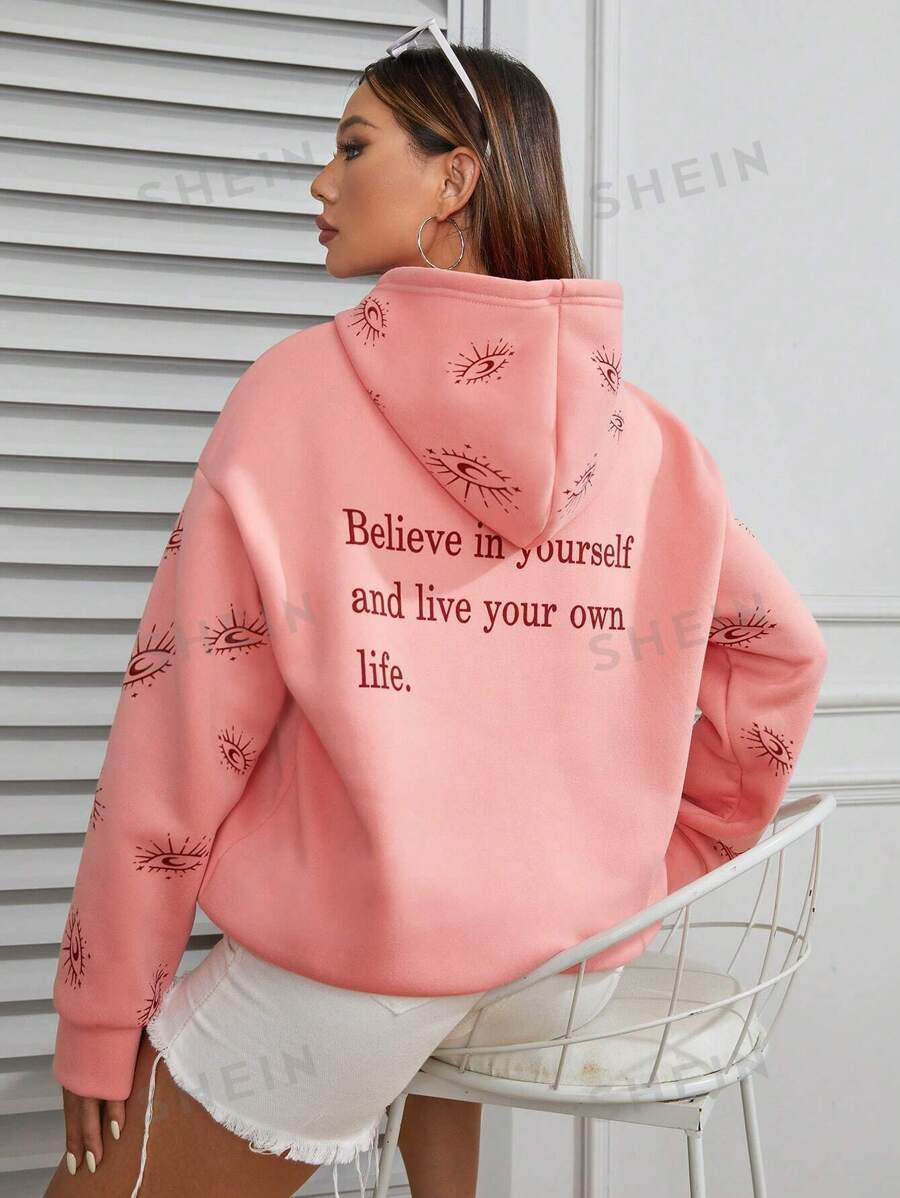 SHEIN EZwear Capucha con estampado de slogan de hombros caídos con forro térmico
