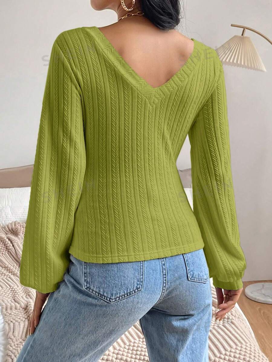 SHEIN Privé Camiseta unicolor de manga farol de cuello V tejido de canalé mujer