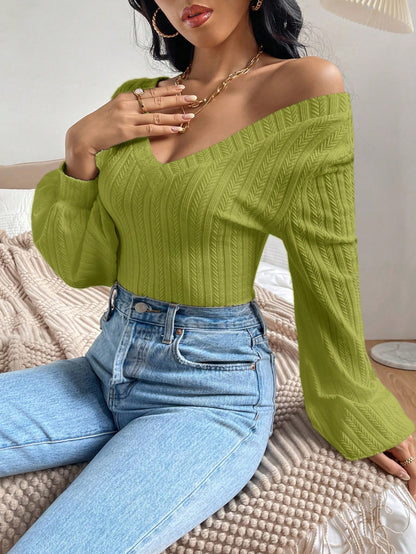 SHEIN Privé Camiseta unicolor de manga farol de cuello V tejido de canalé mujer