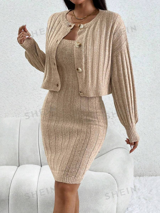 SHEIN EZwear de hombros caídos Cárdigan & Vestido de punto de tirantes