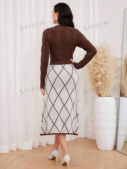 SHEIN Modely Vestido de punto con patrón de rombo con cuenta de perla