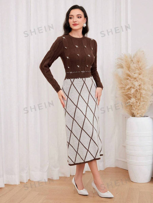 SHEIN Modely Vestido de punto con patrón de rombo con cuenta de perla