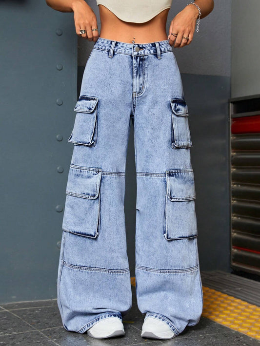 SHEIN ICON Pantalones cargo con bolsillo con solapa y cintura caída