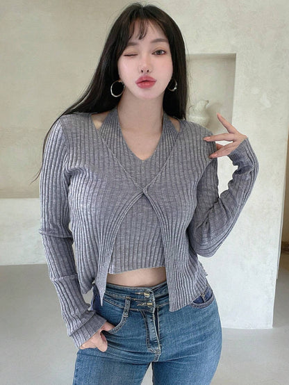 DAZY Top de punto tejido de canalé halter & Cárdigan Mujer