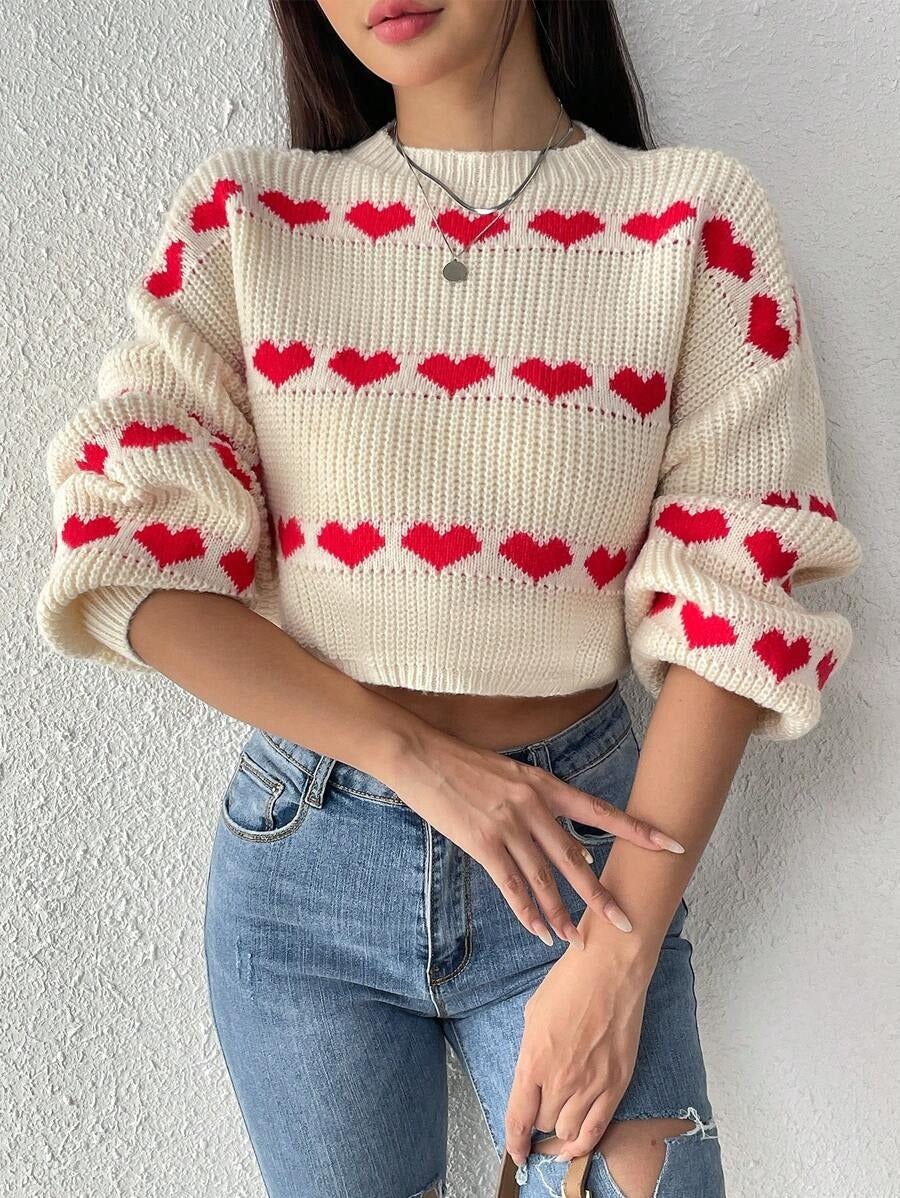 SHEIN Essnce Jersey crop con patrón de corazón de hombros caídos