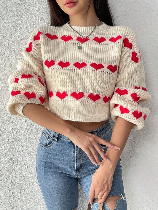 SHEIN Essnce Jersey crop con patrón de corazón de hombros caídos