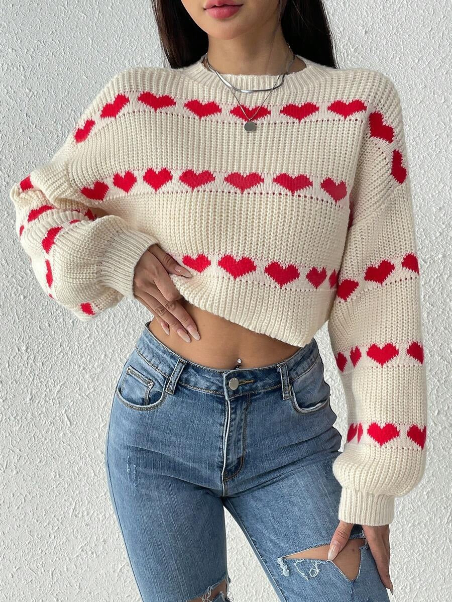 SHEIN Essnce Jersey crop con patrón de corazón de hombros caídos