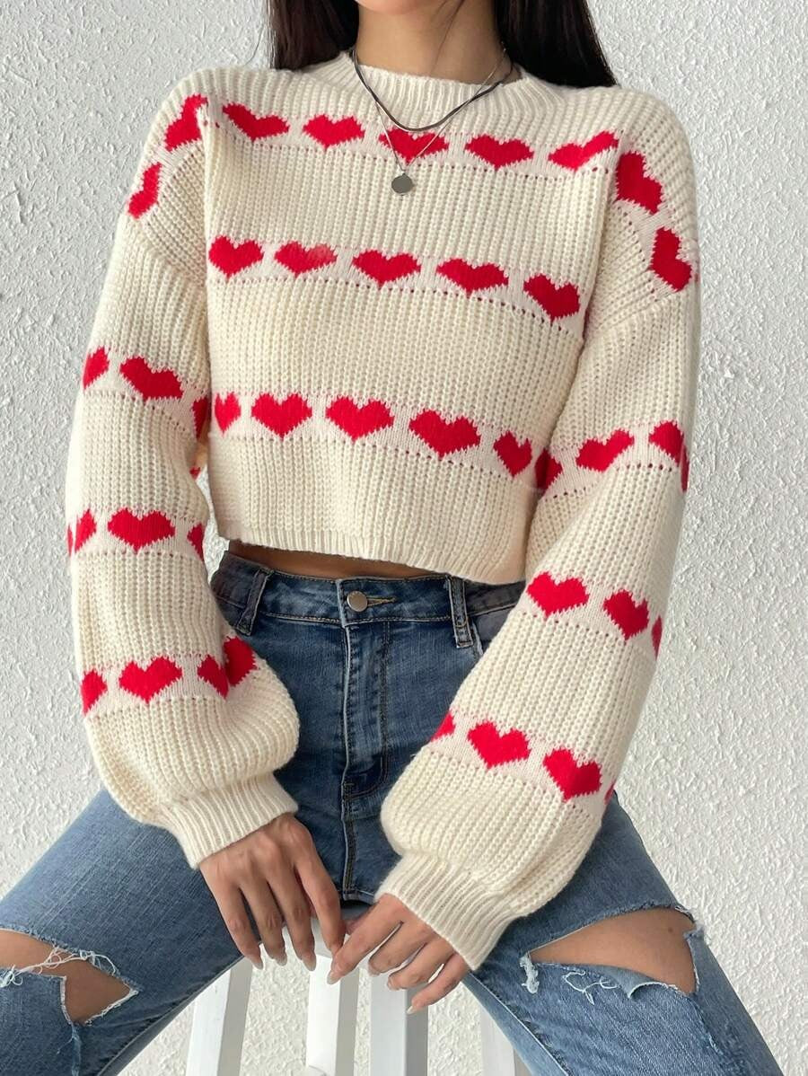 SHEIN Essnce Jersey crop con patrón de corazón de hombros caídos