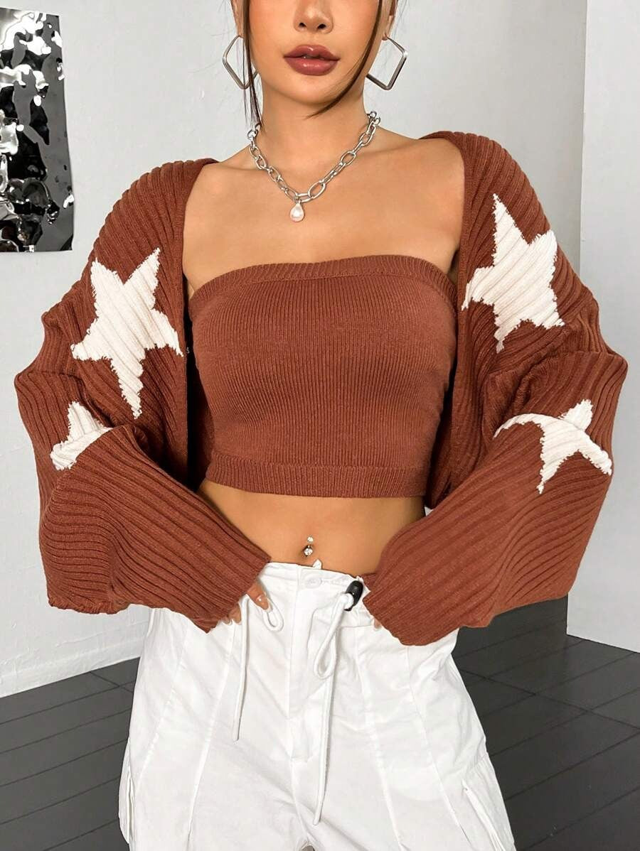 SHEIN Qutie con patrón de estrella de manga murciélago con parte delantera abierta Cárdigan & Top de punto Mujer