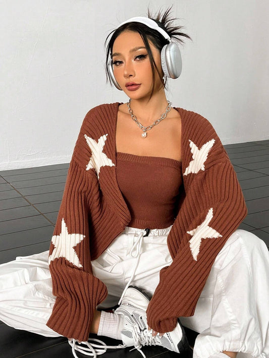 SHEIN Qutie con patrón de estrella de manga murciélago con parte delantera abierta Cárdigan & Top de punto Mujer