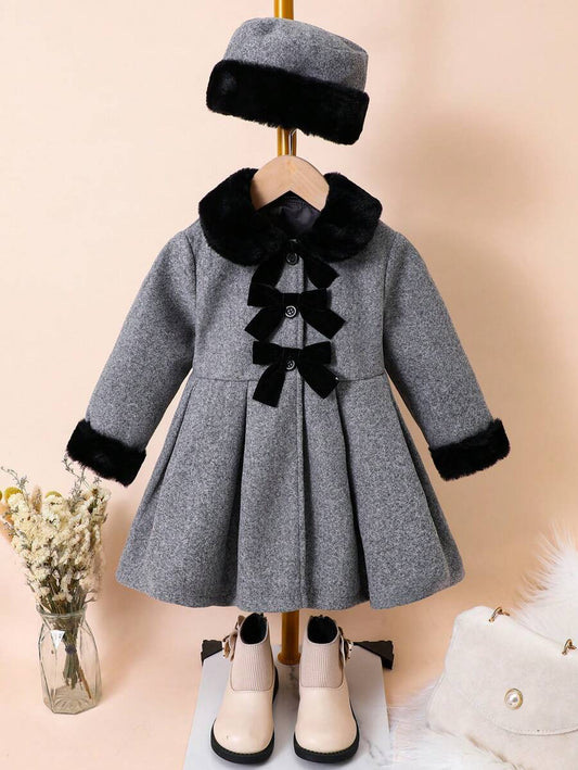 SHEIN Abrigo de lana gris con nudo de mariposa para niña joven con cuello y sombrero mullido negro, Otoño Invierno