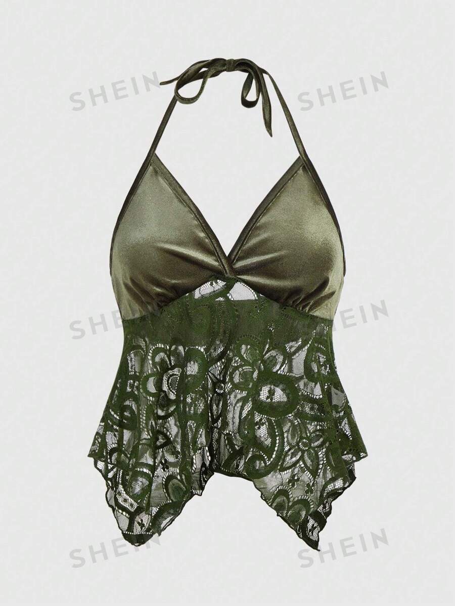 ROMWE Hippie Parte Superior Sin Mangas De Cuello Halter De Encaje Para Mujer
