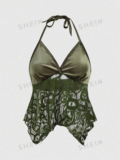 ROMWE Hippie Parte Superior Sin Mangas De Cuello Halter De Encaje Para Mujer