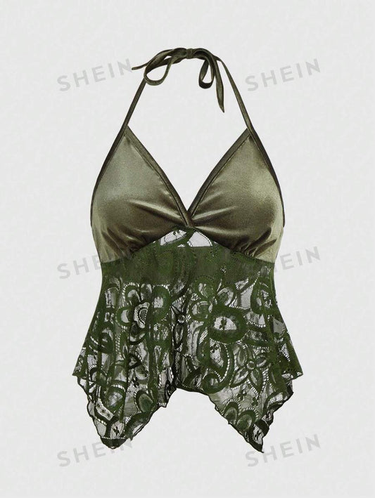 ROMWE Hippie Parte Superior Sin Mangas De Cuello Halter De Encaje Para Mujer