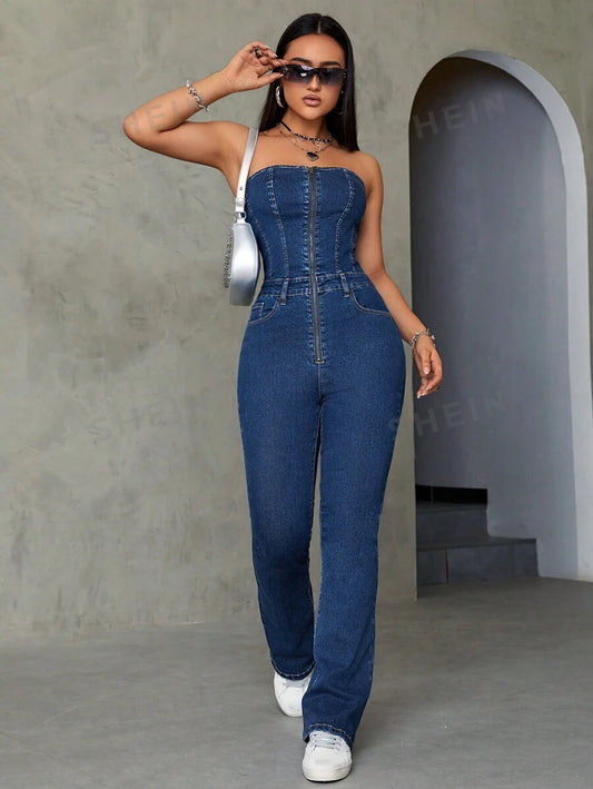 SHEIN ICON Mono Vaquero Sin Mangas Con Escote En V Profundo