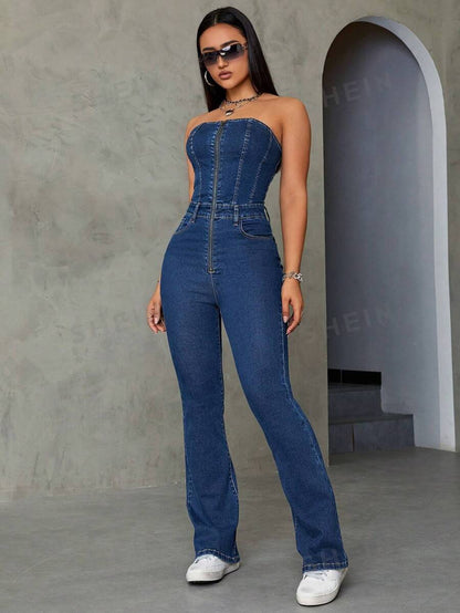 SHEIN ICON Mono Vaquero Sin Mangas Con Escote En V Profundo