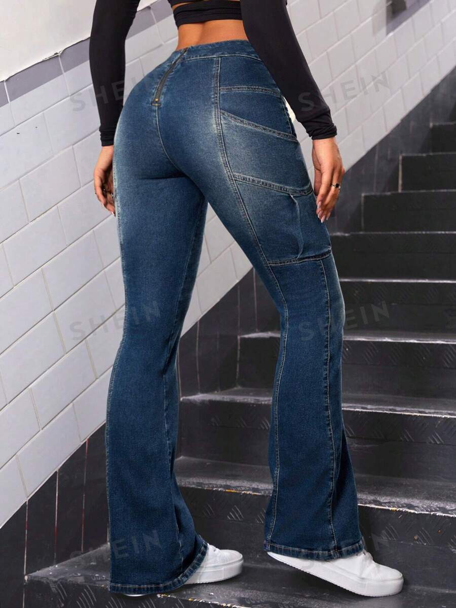 SHEIN ICON Jeans De Pierna Acampanada Con Lavado A La Lejía Y Cierre Con Cremallera Trasera