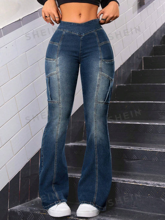 SHEIN ICON Jeans De Pierna Acampanada Con Lavado A La Lejía Y Cierre Con Cremallera Trasera