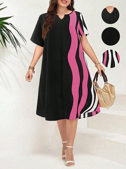 SHEIN LUNE Vestido Suelto Con Cuello En V Entallado Con Rayas Y Estampado, Tamaño Grande