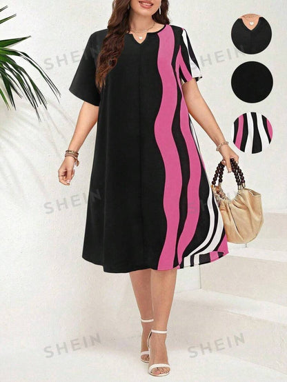 SHEIN LUNE Vestido Suelto Con Cuello En V Entallado Con Rayas Y Estampado, Tamaño Grande