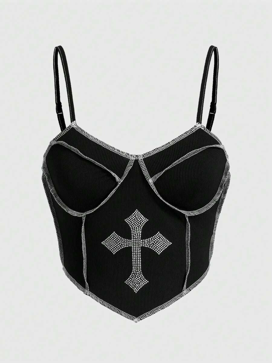 ROMWE Goth Tanque Con Diseño De Cruz Adornado Con Cristales De Imitación Y Costura A Contratono Mujer
