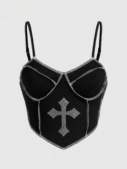 ROMWE Goth Tanque Con Diseño De Cruz Adornado Con Cristales De Imitación Y Costura A Contratono Mujer