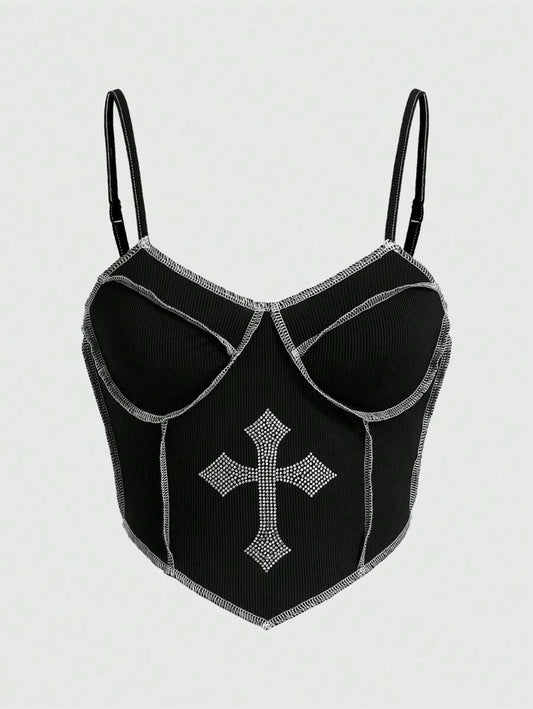 ROMWE Goth Tanque Con Diseño De Cruz Adornado Con Cristales De Imitación Y Costura A Contratono Mujer