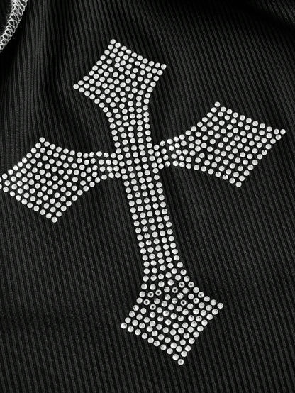 ROMWE Goth Tanque Con Diseño De Cruz Adornado Con Cristales De Imitación Y Costura A Contratono Mujer