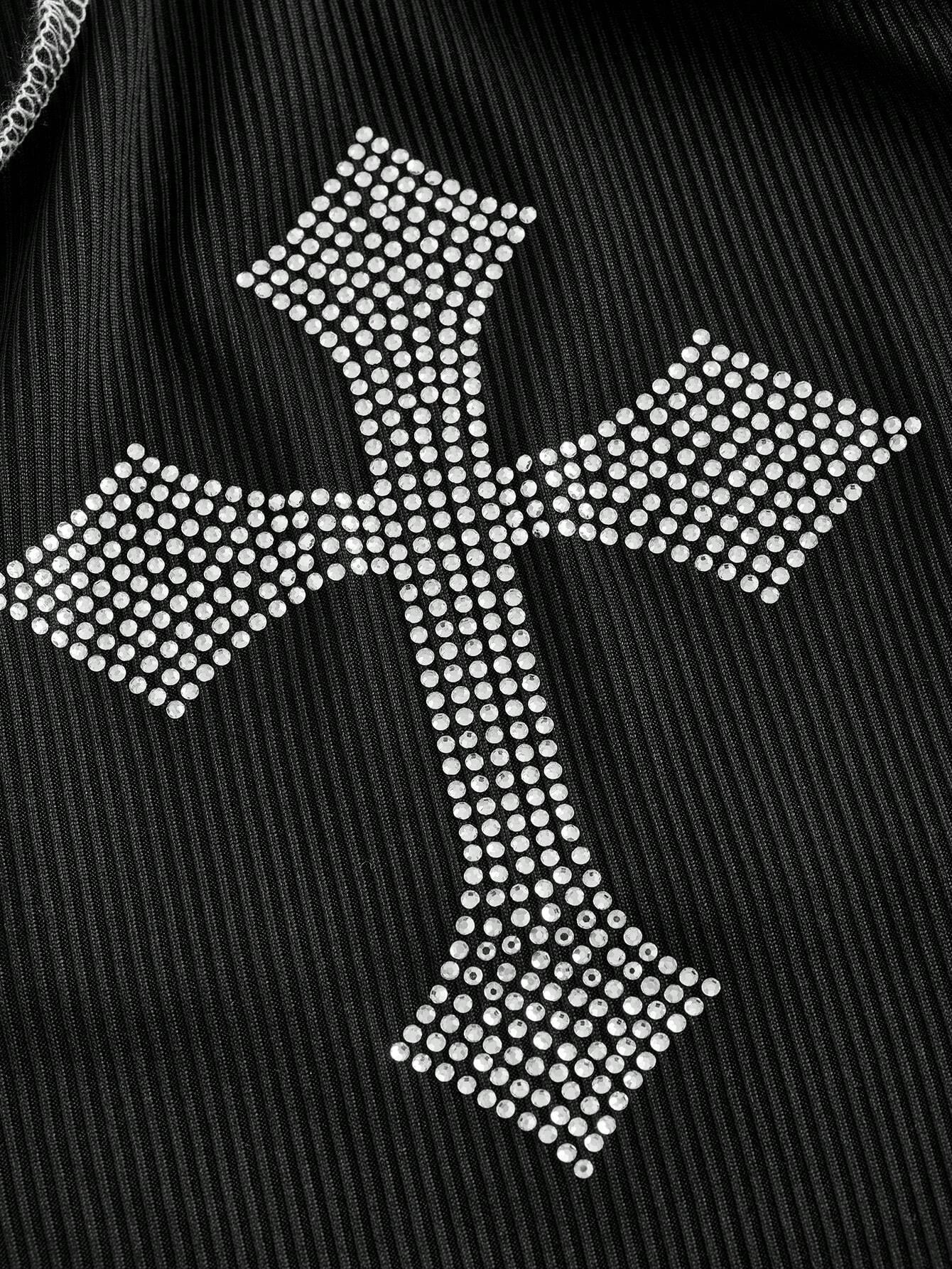 ROMWE Goth Tanque Con Diseño De Cruz Adornado Con Cristales De Imitación Y Costura A Contratono Mujer