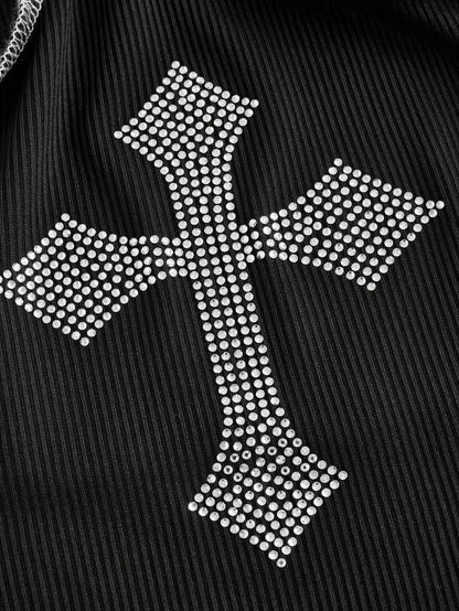 ROMWE Goth Tanque Con Diseño De Cruz Adornado Con Cristales De Imitación Y Costura A Contratono Mujer
