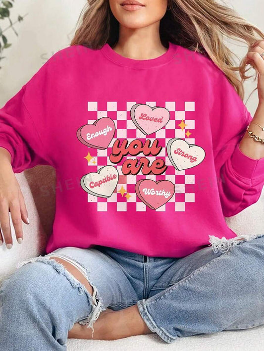 SHEIN EZwear Sudadera De Mujer Con Estampado De Letras De Corazón Con Manga Larga Y Hombros Caídos De Franela