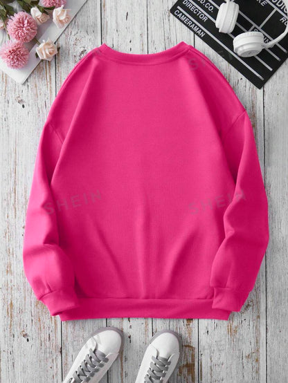 SHEIN EZwear Sudadera De Mujer Con Estampado De Letras De Corazón Con Manga Larga Y Hombros Caídos De Franela