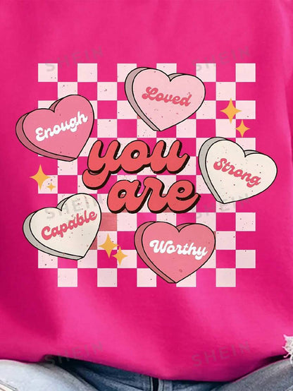 SHEIN EZwear Sudadera De Mujer Con Estampado De Letras De Corazón Con Manga Larga Y Hombros Caídos De Franela