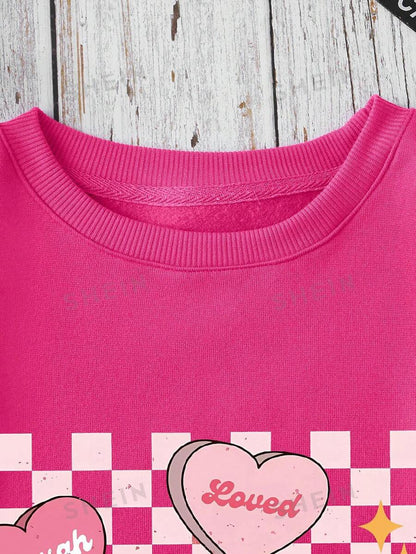 SHEIN EZwear Sudadera De Mujer Con Estampado De Letras De Corazón Con Manga Larga Y Hombros Caídos De Franela