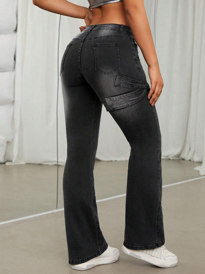 SHEIN ICON Vaqueros Acampanados Con Lavado Con Agua Y Nudo De Mariposa De Cintura Baja Para Mujer