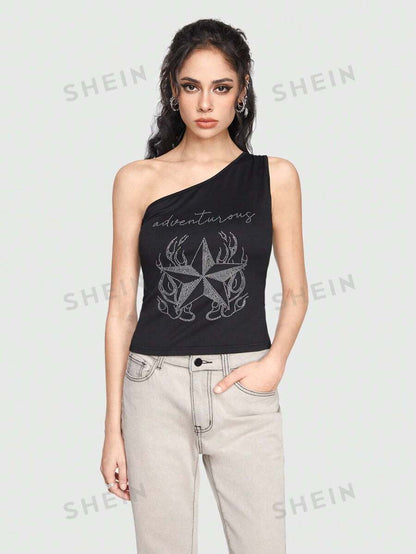 ROMWE Grunge Punk Top Con Lentejuelas Con Patrón De Un Hombro