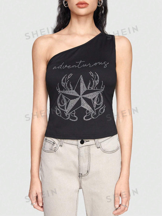 ROMWE Grunge Punk Top Con Lentejuelas Con Patrón De Un Hombro