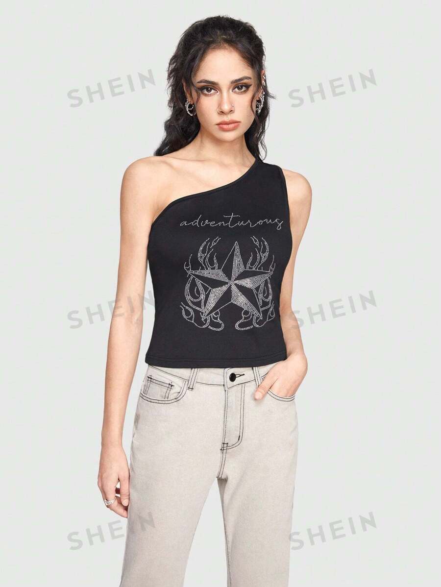 ROMWE Grunge Punk Top Con Lentejuelas Con Patrón De Un Hombro