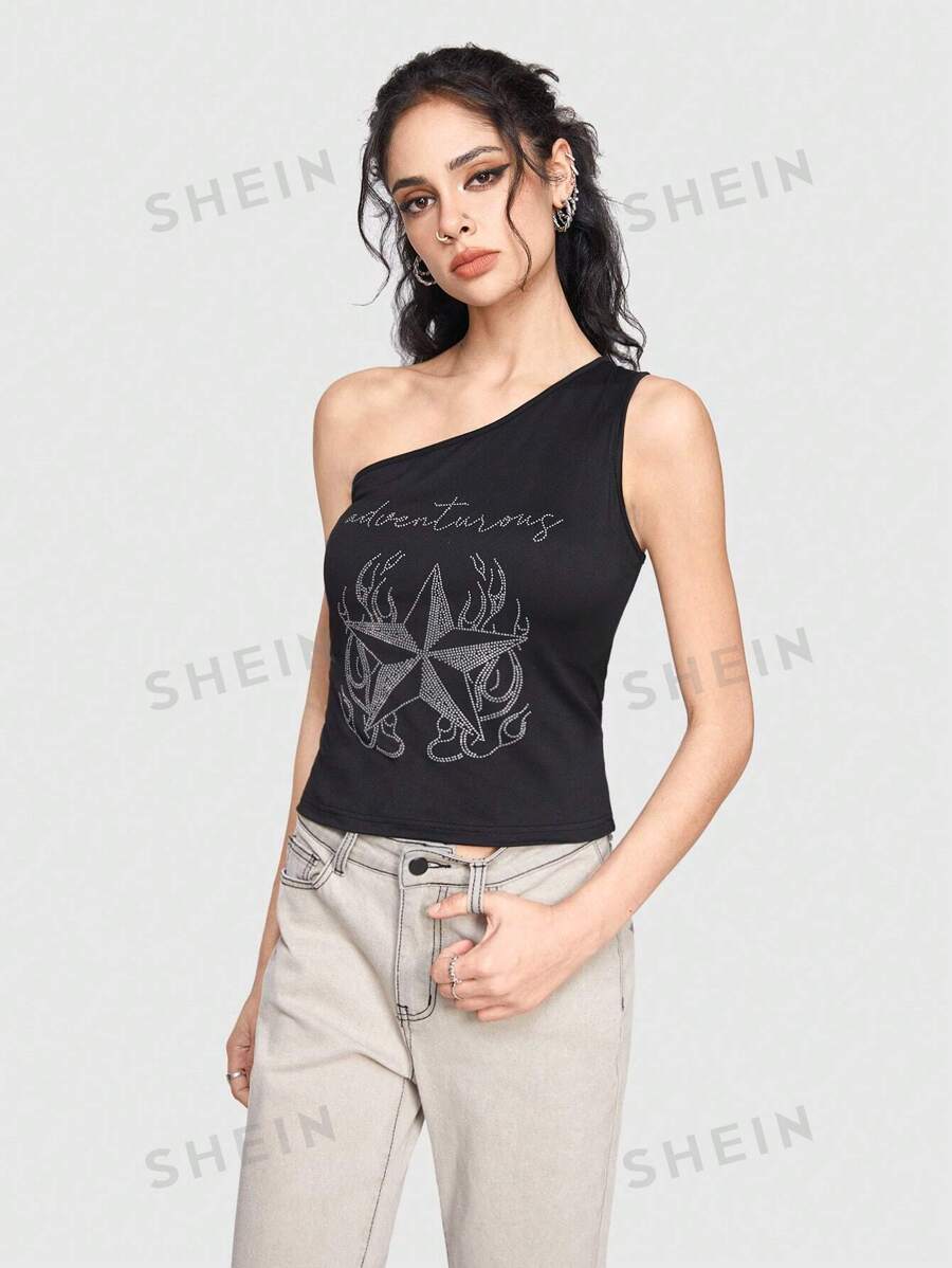 ROMWE Grunge Punk Top Con Lentejuelas Con Patrón De Un Hombro