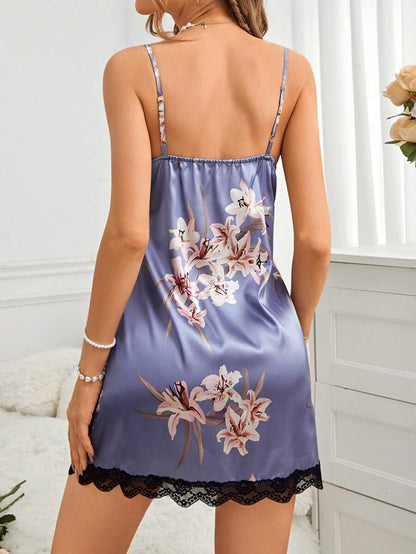 Vestido De Dormir Para Mujer Con Tirantes De Espagueti Y Ribete De Encaje Con Estampado Floral