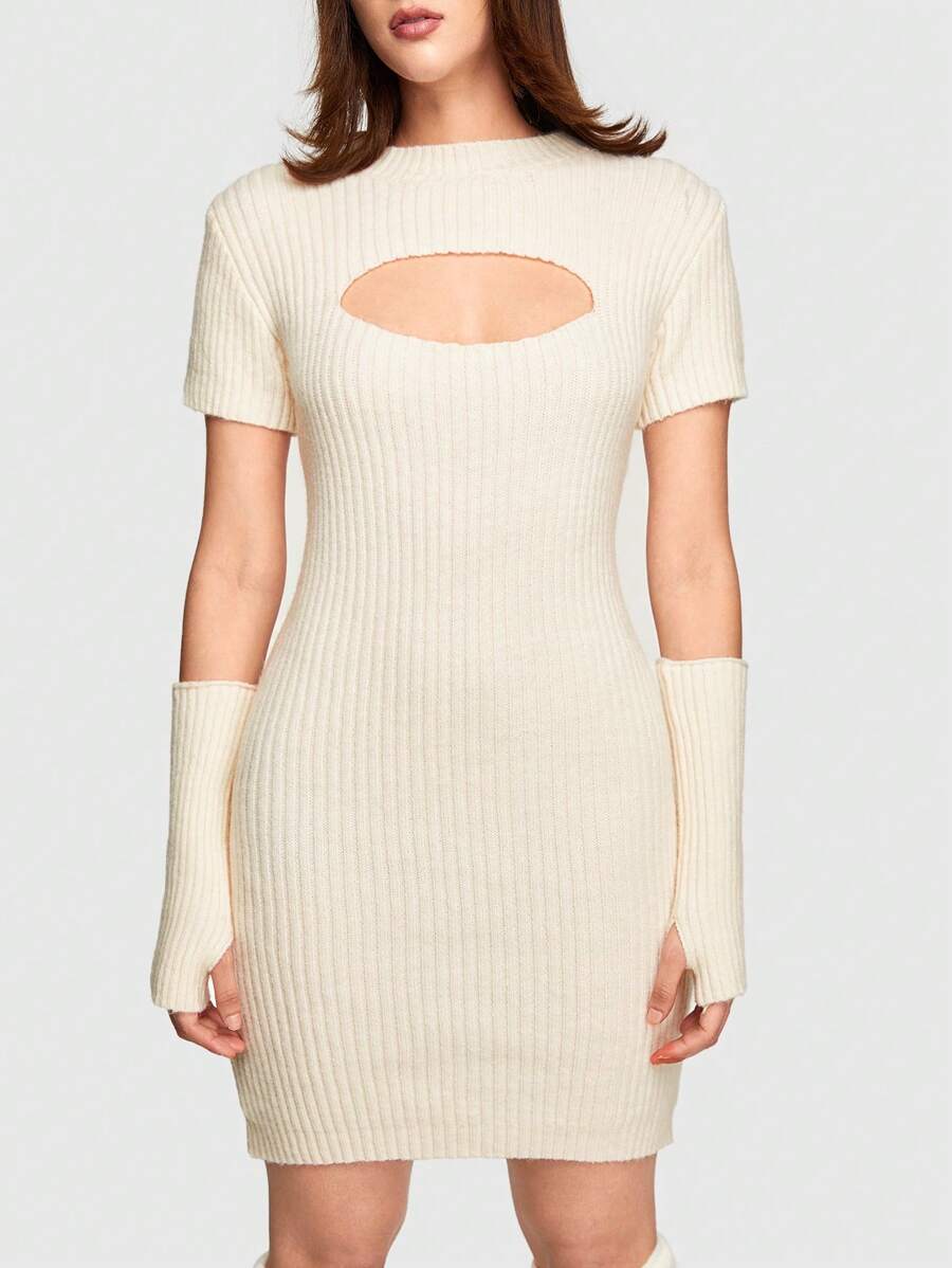 ROMWE Kawaii Vestido De Suéter Tejido De Mujer Con Manga Corta Y Huecos