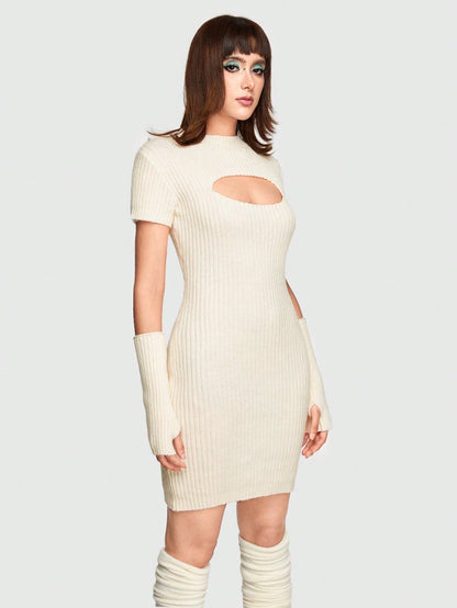 ROMWE Kawaii Vestido De Suéter Tejido De Mujer Con Manga Corta Y Huecos