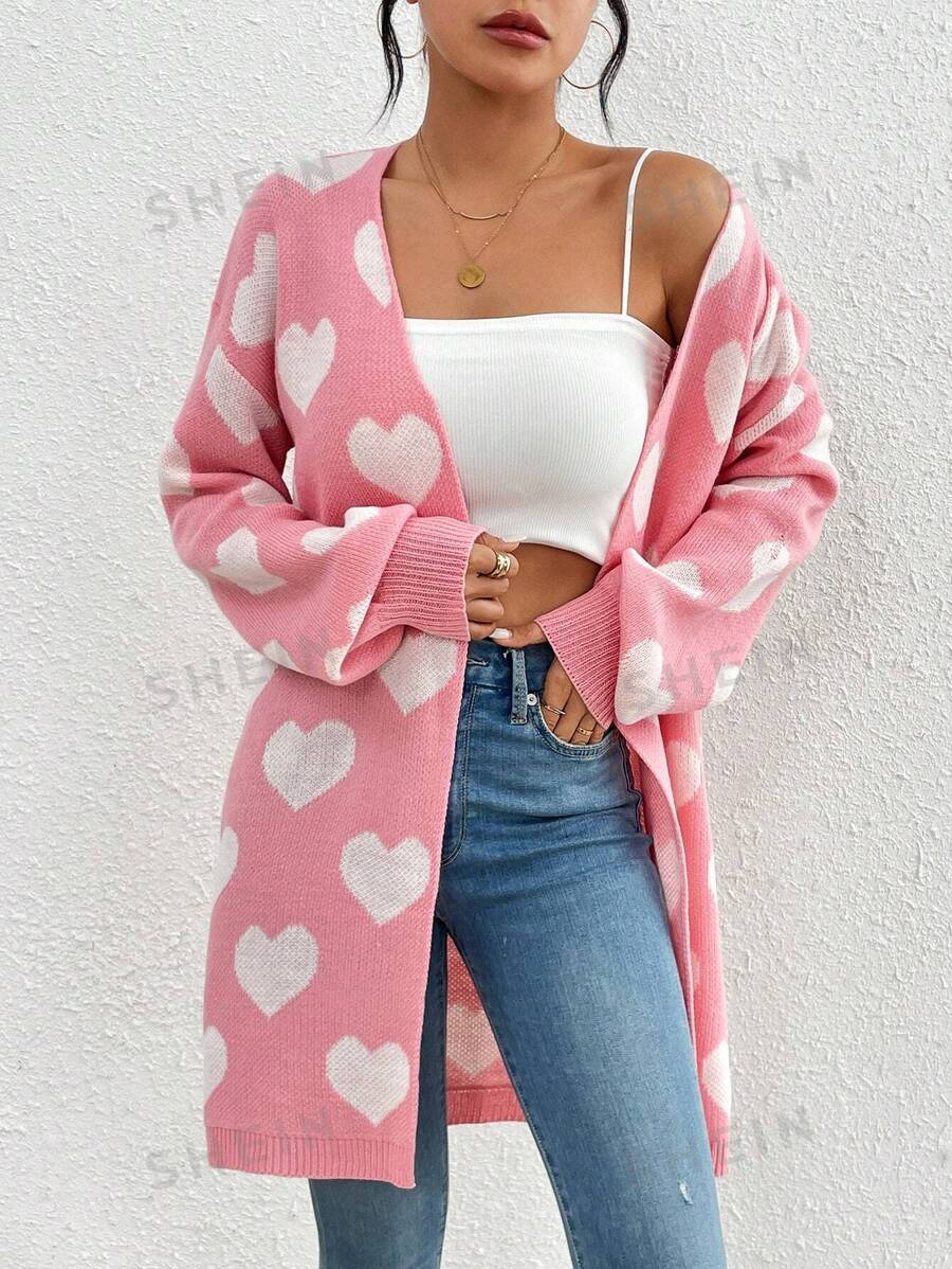 SHEIN Essnce Cárdigan De Manga Larga Con Patrón En Forma De Corazón Y Hombros Caídos Para Mujer