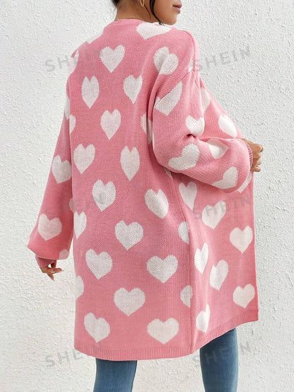 SHEIN Essnce Cárdigan De Manga Larga Con Patrón En Forma De Corazón Y Hombros Caídos Para Mujer
