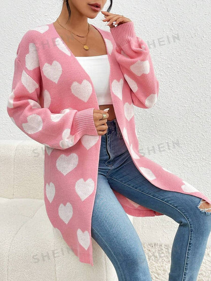 SHEIN Essnce Cárdigan De Manga Larga Con Patrón En Forma De Corazón Y Hombros Caídos Para Mujer