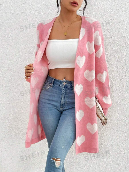 SHEIN Essnce Cárdigan De Manga Larga Con Patrón En Forma De Corazón Y Hombros Caídos Para Mujer